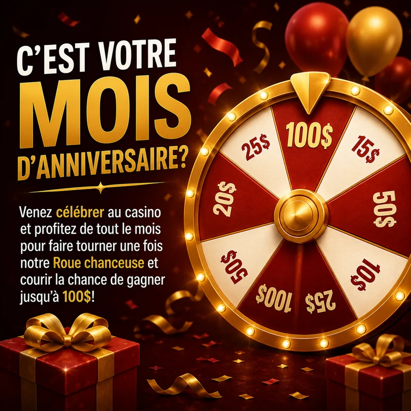 C'est votre mois d'anniversaire ? Faites tourner la Roue Chanceuse du Grand Royal Wôlinak et gagnez jusqu'à 100 $.